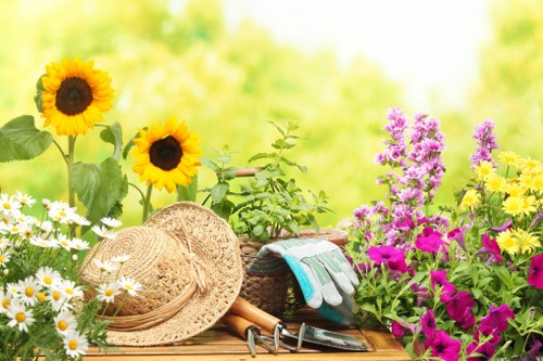 A vibrant garden scene with a variety of flowering plants and gardening tools arranged on a wooden surface. In the foreground, tall sunflowers with bright yellow petals and dark centers are complemented by white daisies and clusters of purple and pink flowers on the right side. There are gardening gloves, a straw hat, and hand tools such as a trowel and pruning shears placed on the surface, suggesting ongoing gardening or landscaping activities. The background features lush green foliage and blurred trees, indicating a well-maintained outdoor space typical of a landscaped garden in Knightsbridge. The natural daylight illuminates the scene, capturing the variety of textures and colours that highlight the Garden's health and vibrancy, reflecting the outdoor environments serviced by experts like Landscapers Knightsbridge, with subtle reference to the local setting and gardening expertise.