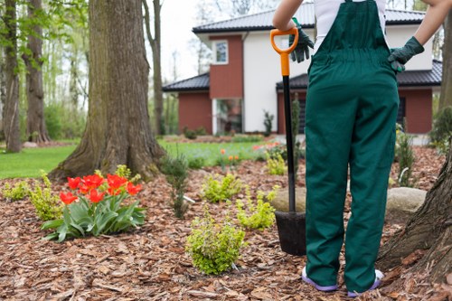 A gardener, dressed in green overalls and gloves, is standing in a landscaped garden in Knightsbridge, holding a shovel with an orange handle, preparing to plant or tending to the soil. The garden features a well-maintained lawn, mulched flower beds with bright red tulips and green foliage, and mature trees with textured bark in the background. There is a modern red-brick house with large windows and a black roof behind the garden area. The scene is set during daylight with natural light, and the weather appears clear and calm, suitable for outdoor gardening activities. The landscaping includes natural stone edging along the flower beds and a textured paved pathway nearby, showcasing professional garden maintenance by Landscapers Knightsbridge, emphasizing lawn care, planting, and outdoor space enhancement services.